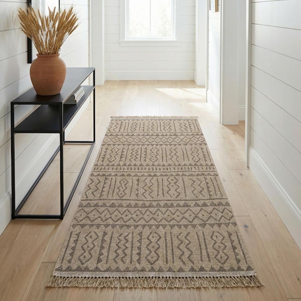 Naturalistic Moroccan Natural-Brown 3 ft. x 10 ft Casual Flatwoven Geometric Polypropylene Runner Indoor/Outdoor AreaRug