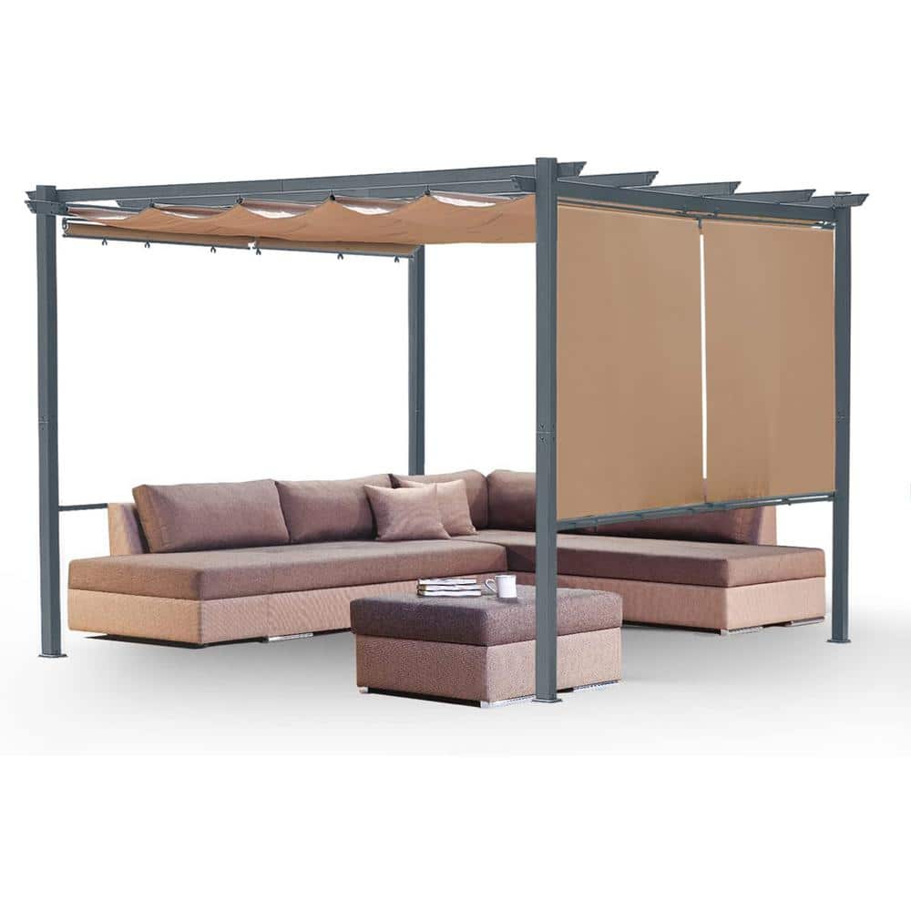 12 ft. x 12 ft. Gray Aluminum Frame Patio Pergola with Khaki Retractable Shade Top Canopy and 4-Pieces Roller Shade price history on PriceWatchPro