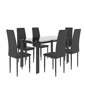 7-Piece Kitchen Room Diamond Shaped Dining Table Glass Top Black and 6 Black PU Chairs Set
