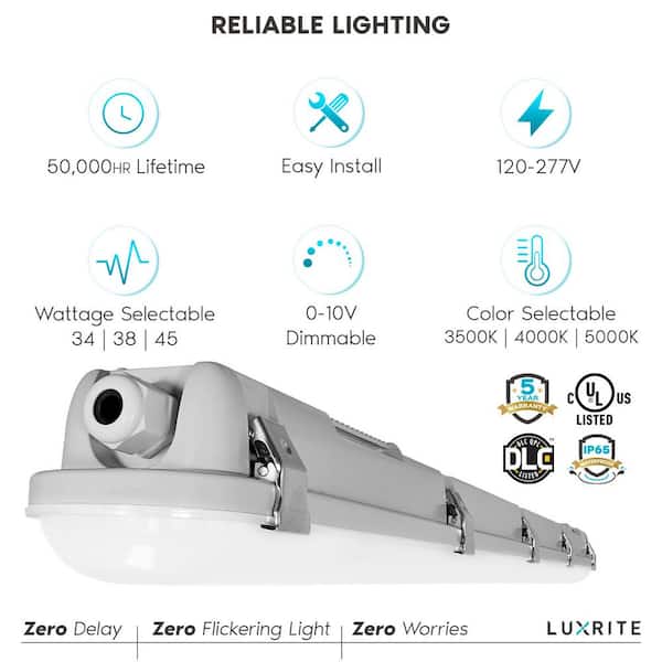4 ft. Vapor Tight LED Light Fixture, 34/38/45-Watt, White Shop Light 3 Color Options 3500K-5000K, 4658/5092/5895 Lumens