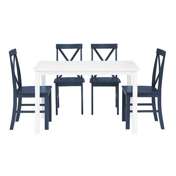 Walker Edison Furniture Company 5 Piece White and Navy Solid Wood Transitional Farmhouse Dining Set