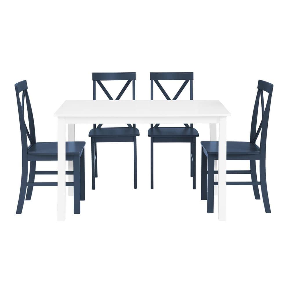 White and Navy X-Back Farmhouse Dining Set with 4 Chairs
