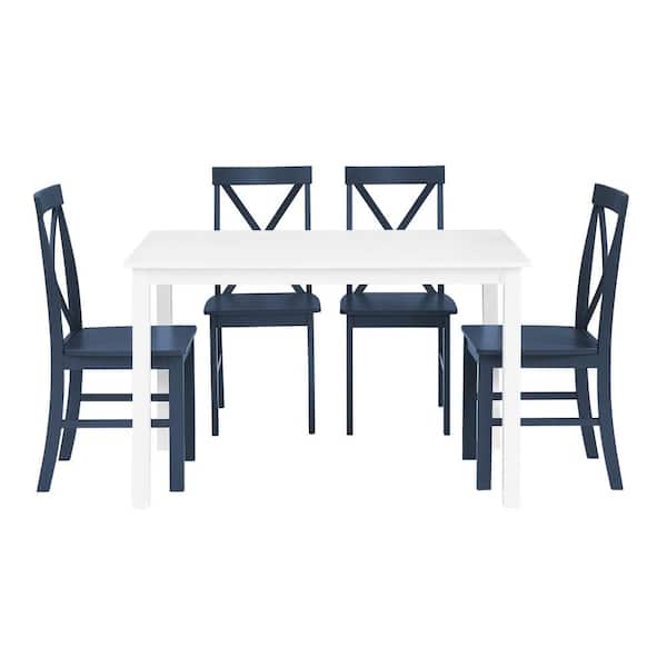 Welwick Designs 5 Piece White and Navy Solid Wood Transitional Farmhouse Dining Set