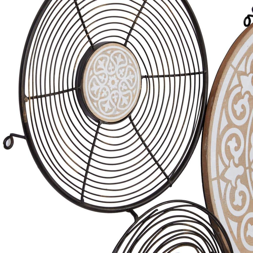 Boho Black and Beige Metal and Pinewood Circle Wall Sculpture