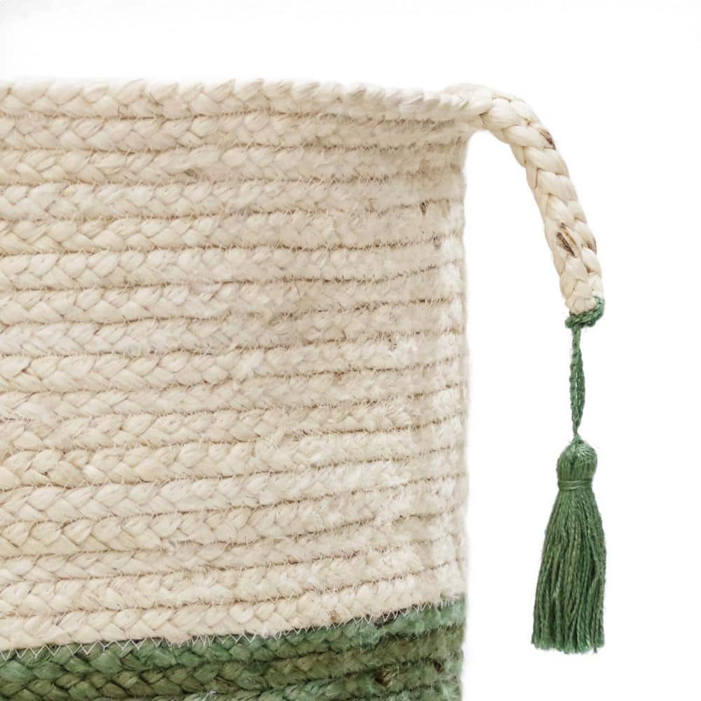 Eco-Friendly Cream & Moss Green Jute Round Storage Basket - 17"