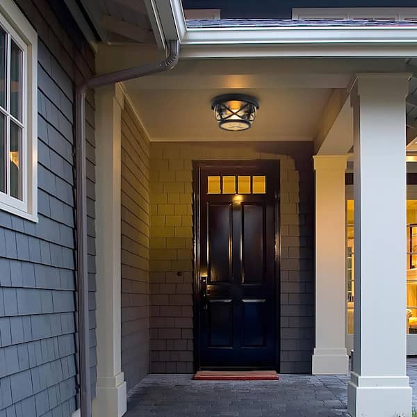 10.25 in. 2-Light Black Outdoor Indoor Flush Mount Ceiling Light with Seeded Glass and No Bulbs Included 1-Pack