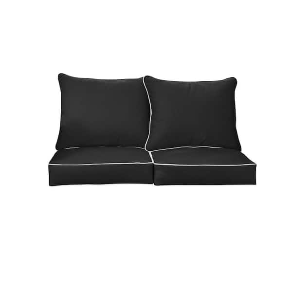 SORRA HOME 25 in. x 23 in. Sunbrella Canvas Black and Natural Deep Seating Indoor/Outdoor Loveseat Cushion