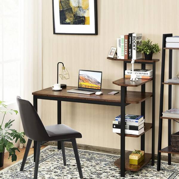 Costway 47.5 Computer Desk Writing Desk Study Table Workstation With  4-Tier Shelves Brown 