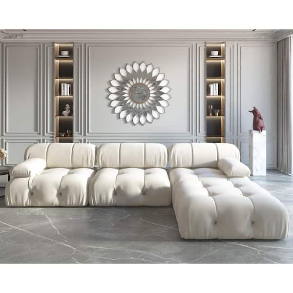 J&E Home 130.7 in. Square Arm 6-Piece U Shaped Chenille Modern Sectional Sofa with Ottoman in Beige