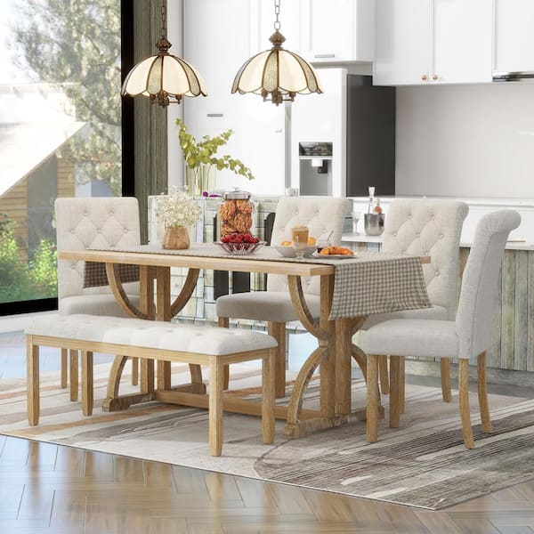 6-Piece Retro Natural Wood Wash Wood Top Dining Room Set Seats 5