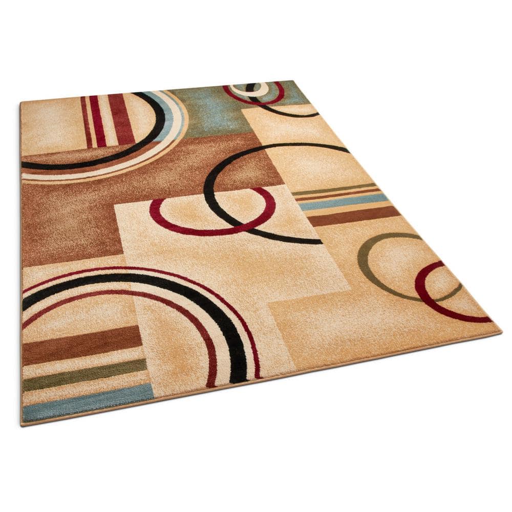 Ivory and Multicolor Geometric Pattern Synthetic Area Rug