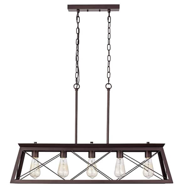 Unbranded Indoor 5-Light Oil Rubbed Bronze Steel Rectangular Kitchen Island Pendant Light Downlight Adjustable Height