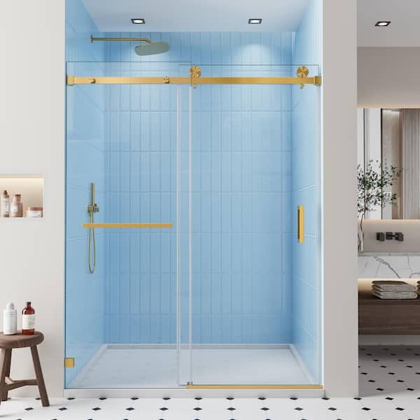 56-60 in. W x 76 in. H Single Sliding Frameless Shower Door Brushed Gold 3/8 in. Clear Glass with Towel Bar