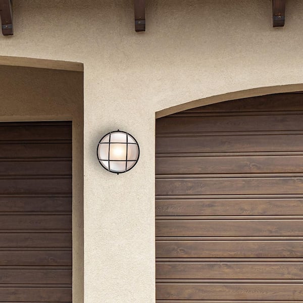 Aria 8 in. 1-Light Rust Round Bulkhead Outdoor Wall Light Fixture with Frosted Glass