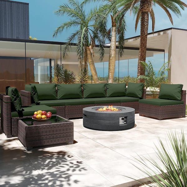 8-Piece Rattan Patio Conversation Set with Cushions and 42 in. Outdoor Round Fire Pit Table, Pine Green Cushions