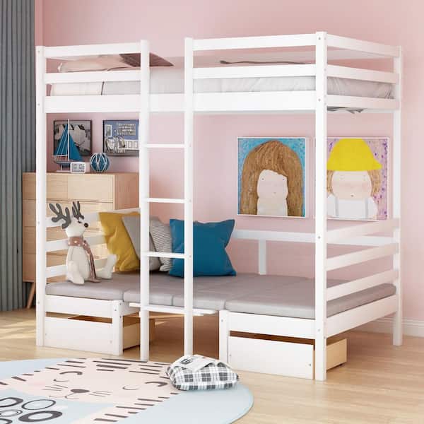 Qualler White Twin Over Twin Convertible Loft Bunk Bed With Desk and 2 Drawers