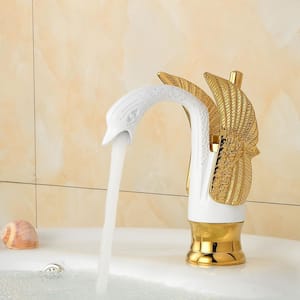 Swan Single Hole Single-Handle Bathroom Faucet With Pop Up Drain & Overflow Cover in Gold & White
