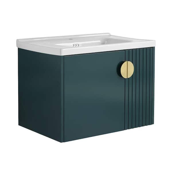 Modland Yunus 27 in. W x 18 in. D x 20 in. H Single Sink Floating Bath Vanity in Green with White Ceramic Top
