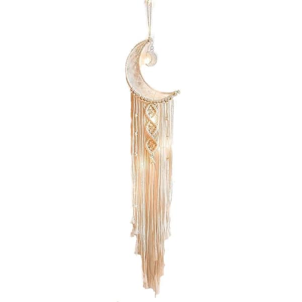 Angel Sar White 39.3 in. x 0.95 in. Macrame Woven Wool Hand Wall Hanging, Crochet Crescent Moon Star Dream Catcher with Tassel