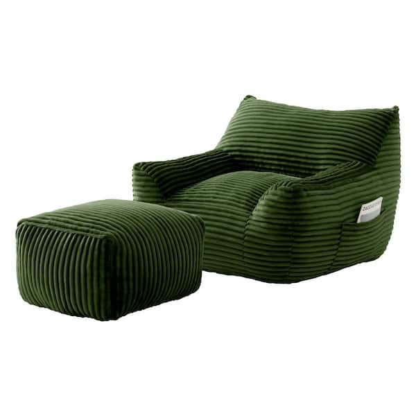 Green Fabric Large (41.7 in.) Bean Bag with Ottoman, Oversized Comfy Living Room Lazy Sofa for Adults & Teens