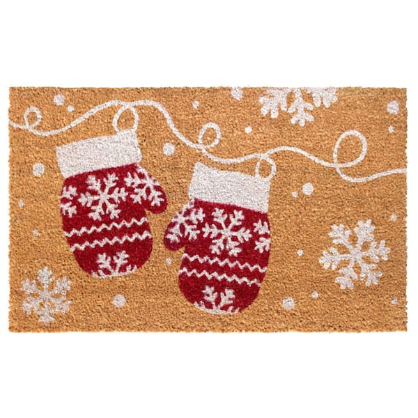 Unbranded Welcome Mittens White 18 in. x 30 in. Coir Non-Slip Outdoor Door Mat