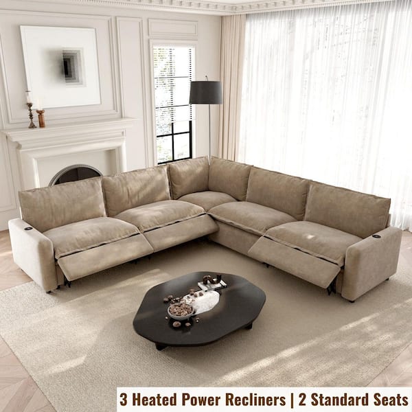 Power Recliner 107 in. Square Arm Khaki Linen 5-Pieces L-Shape Modular Sectional Sofa with Heat, USB and Type-C Ports