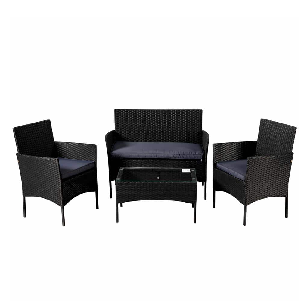 Black 4-Piece Wicker Garden Patio Conversation Set with Gray Cushion and Co