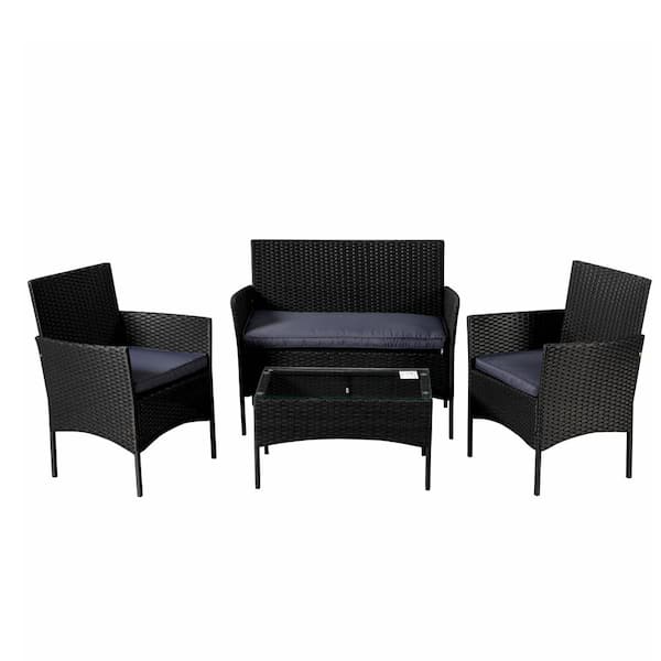 Unbranded Black 4-Piece Wicker Garden Patio Conversation Set with Gray Cushion and Coffee Table