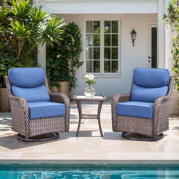 6 in Thicken 3-Piece Outdoor Brown Wicker Patio Conversation Set with Blue Cushions