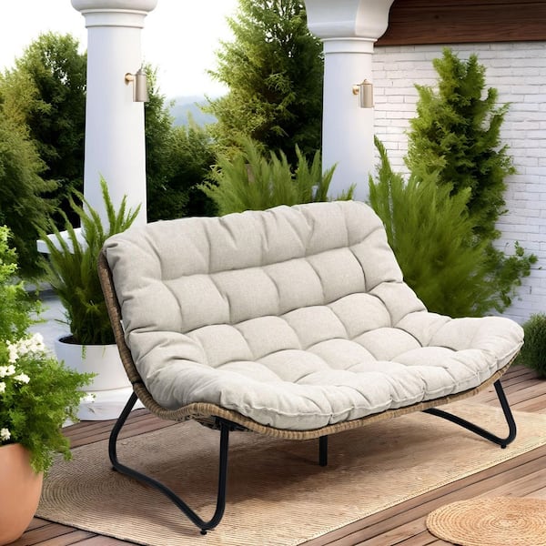1-Piece Metal Frame Brown Faux Rattan Wicker Outdoor Loveseat with Beige Cushion