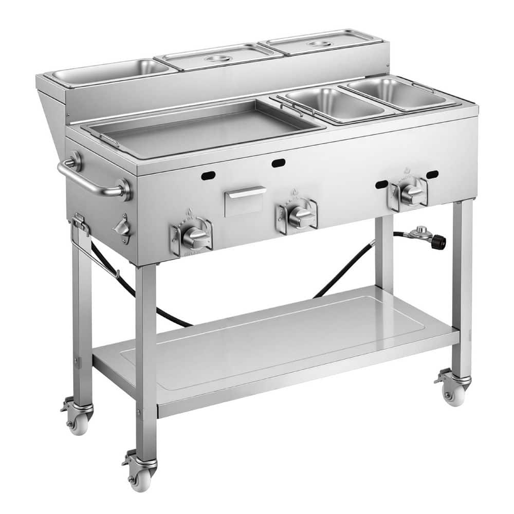 Outdoor Propane Griddle, 3 Burners (11,600 BTU Each), Commercial Stainless Steel Griddle with 1/3 Size Food Warming Pans