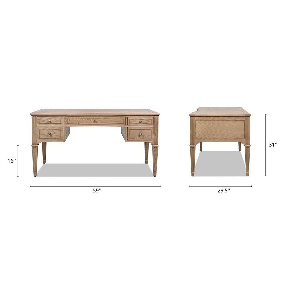 Natural Brown Wood Executive Desk with Gold Accents and Drawers