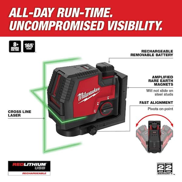 100 ft. REDLITHIUM Lithium-Ion USB Green Rechargeable Cross Line Laser Level w/ USB Charger & Portable Power Source Kit