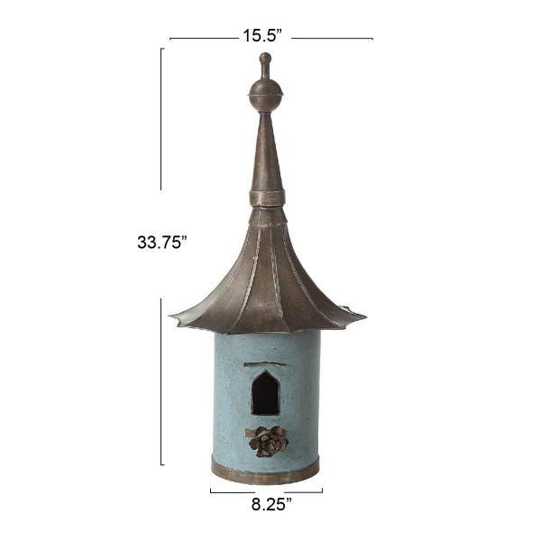Aqua and Black Iron Freestanding Birdhouse with Flower Perch