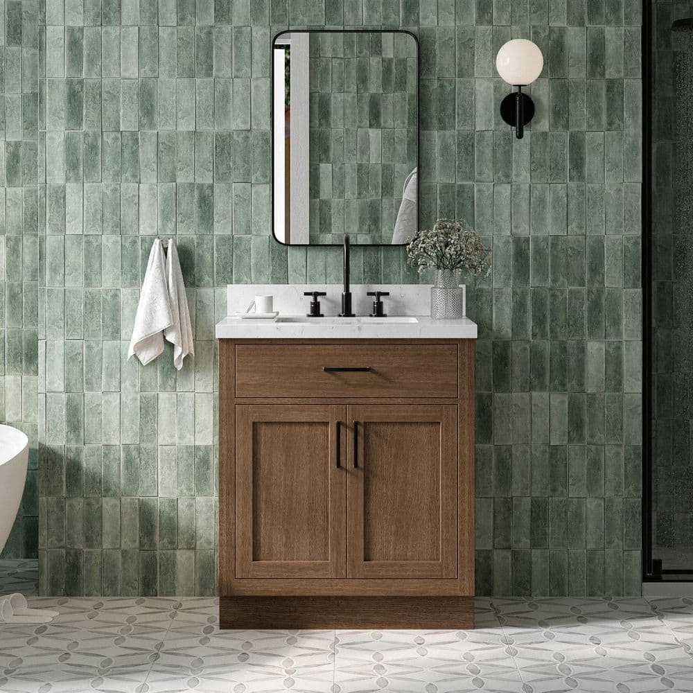 Hepburn 30 in. Single Sink Freestanding in Brown Oak Bath Vanity with Carrara White Quartz Top price history on PriceWatchPro