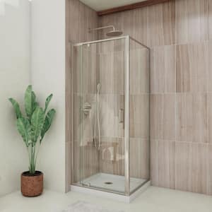 32 in. D x 32 in. W x 78 3/4 in. H Pivot Semi-Frameless Shower Enclosure Base and White Wall Kit in Brushed Nickel