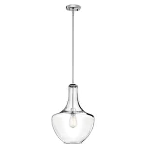 Everly 19.75 in. 1-Light Chrome Transitional Shaded Kitchen Bell Pendant Hanging Light with Clear Glass