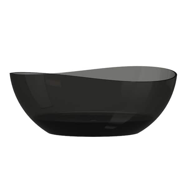 63 in. x 37.4 in. Composite Flat Bottom Oval Bathtub Solid Surface Double Slipper Tub with Center Drain in Black Grey