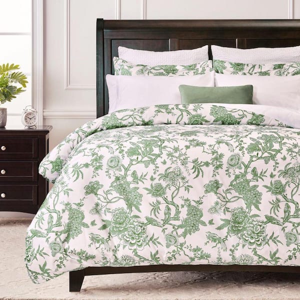 Chanasya 3-Piece Antique Toile Sage Print Microfiber Duvet Cover Set, King