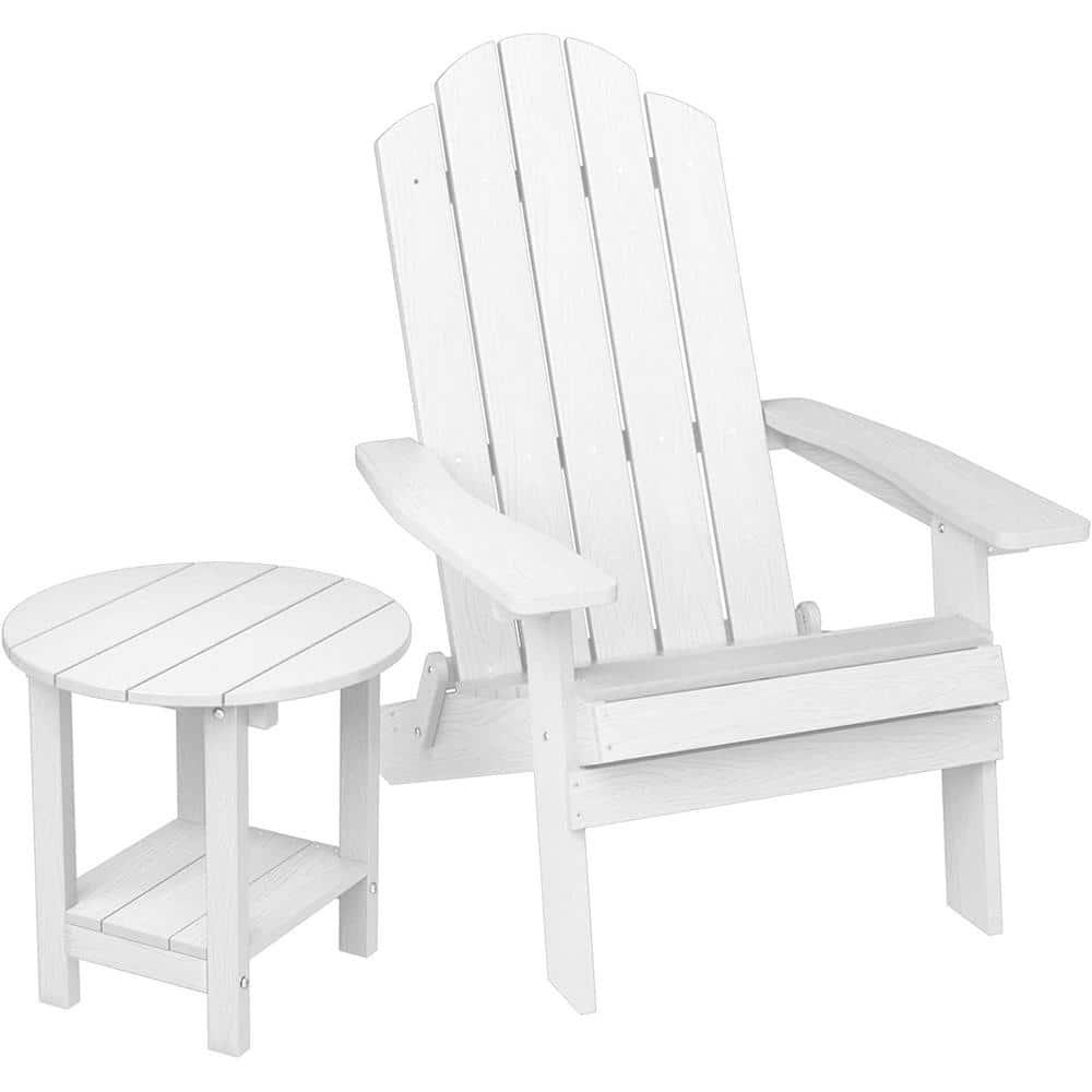 Mximu White Plastic Outdoor Patio Folding Adirondack Chair with Side