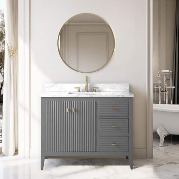 42 in. W x 22 in D x 38 in. H Single Sink Bathroom Vanity Cabinet in Linear Gray with White Engineered Marble Top