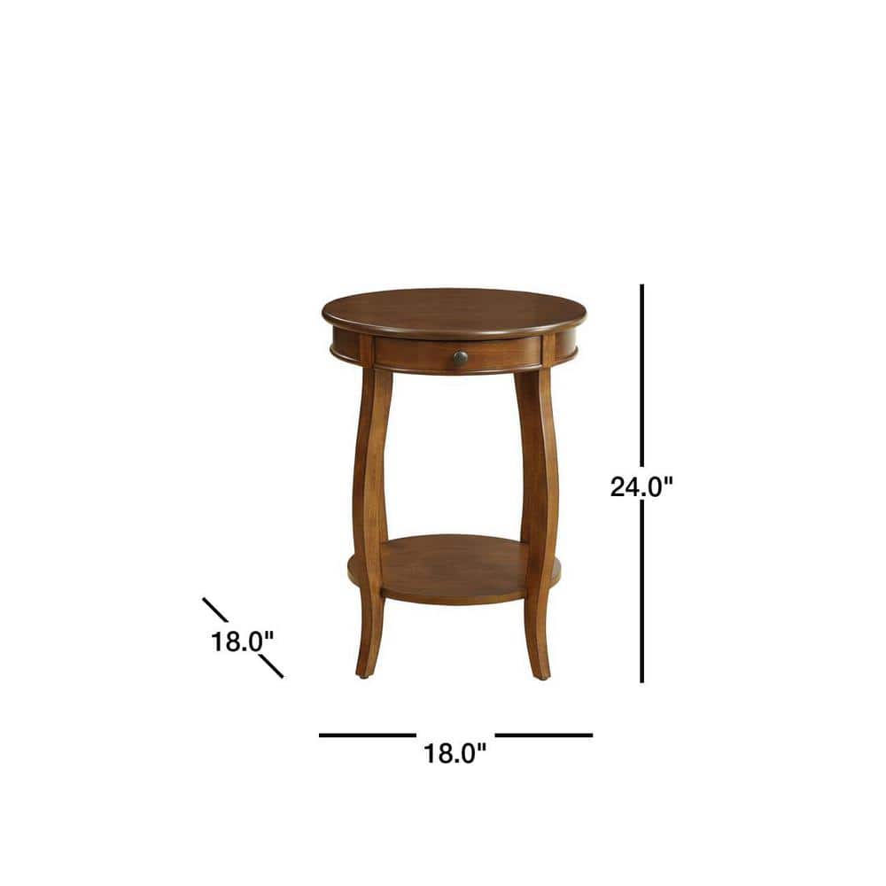 Walnut Round Wood End Table with Storage Drawer