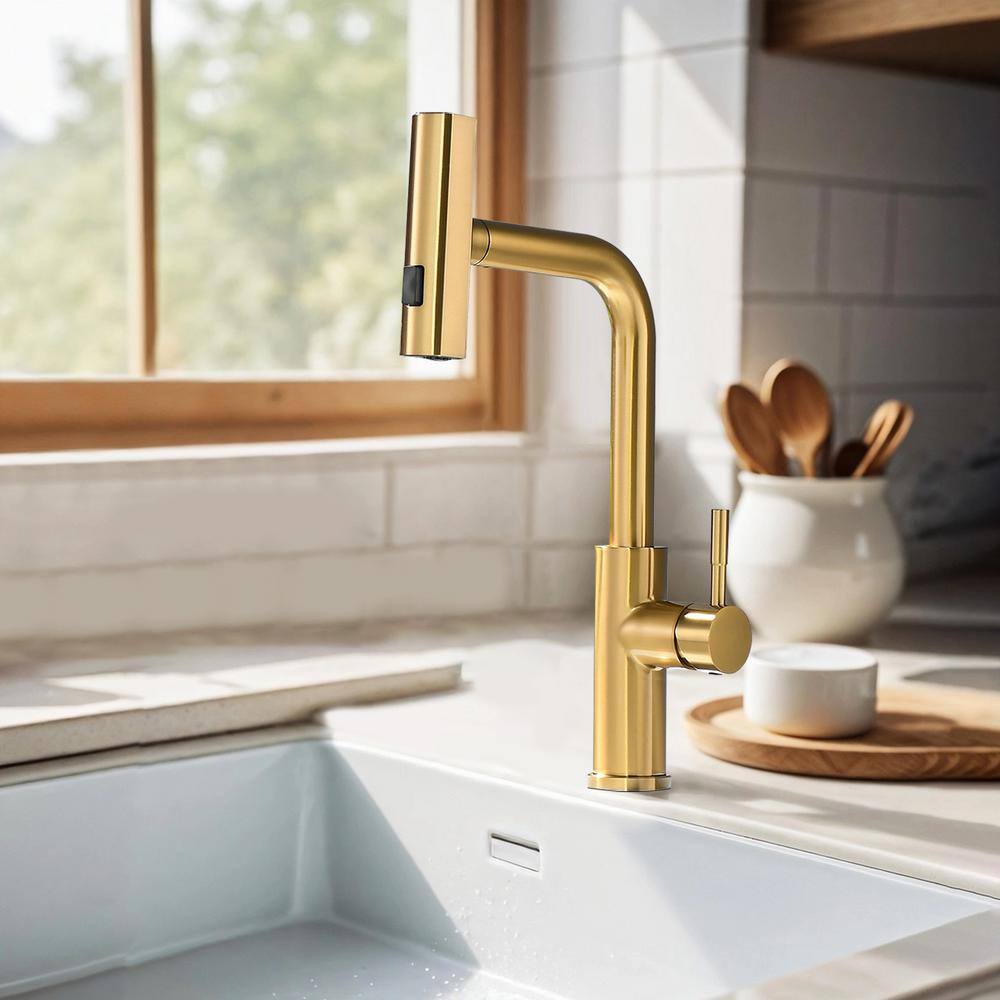 Brushed Gold Stainless Steel Single Handle Pull Out Kitchen Faucet