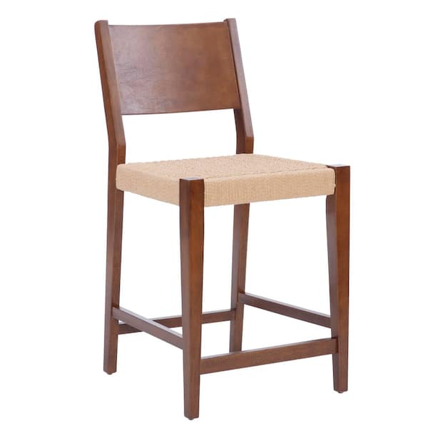 Linon Home Decor Marlene 24 in. Seat Height Brown High back wood frame CounterStool with Rattan Rope Seat (set of 2)