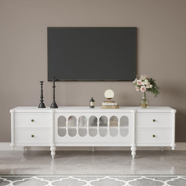 FUFU&GAGA White Entertainment Center Fits TVs up to 70 in. Decorative Glass Doors, Living Room Storage Cabinet, Entryway Sideboard