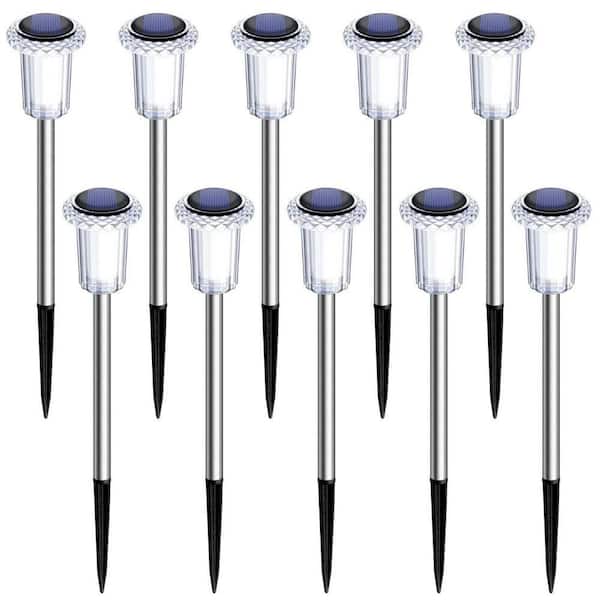 6000K Cold White Solar Lights, Waterproof Stainless Steel Stake, LED Pathway Garden Outdoor Solar Powered (10-Pack)
