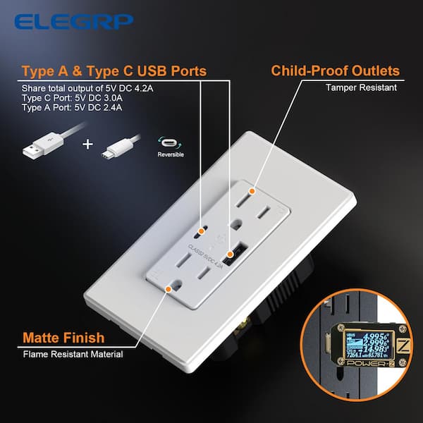 21W USB Wall Outlet with Type A and Type C USB Ports, 15 Amp Tamper Resistant, with Screwless Wall Plate,White (6 Pack)