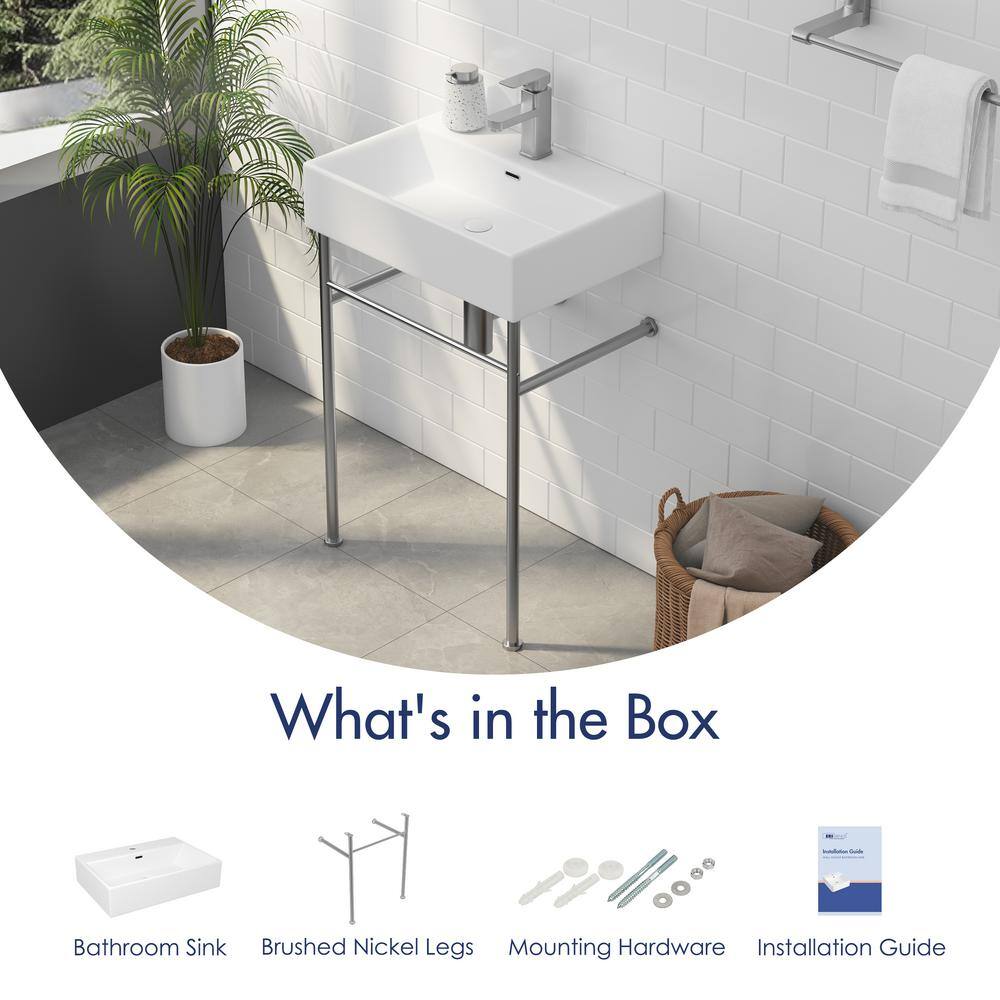 Turner 24" White and Brushed Nickel Ceramic Wall-Mount Console Sink