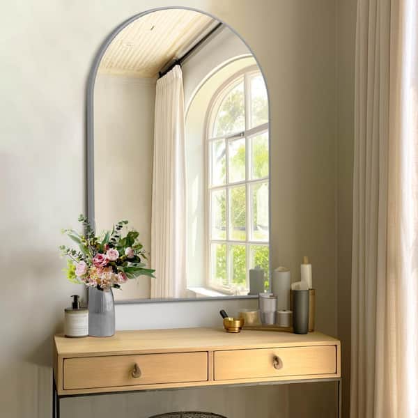 GOGEXX 24 in. W x 36 in. H Aluminum Sliver Vanity Mirror Large Arched Mirror Wall Mounted/Standing Bathroom Mirror Framed