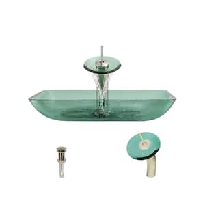 Glass Vessel Sink in Emerald with Waterfall Faucet and Pop-Up Drain in Brushed Nickel